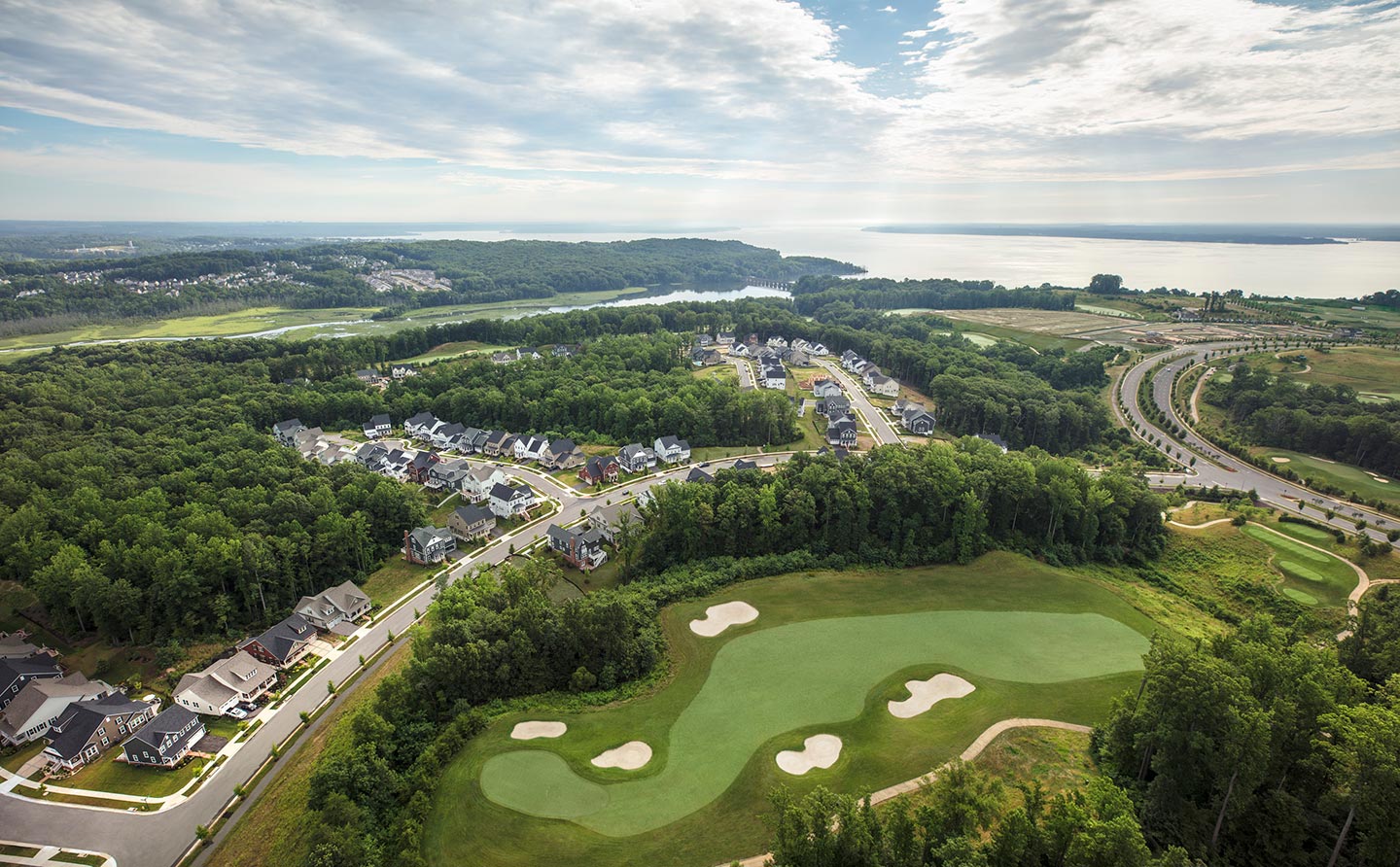 Aerial shot of golf course and community